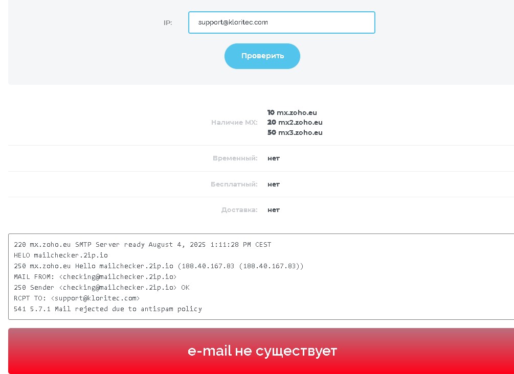 Kloritec проверка почты