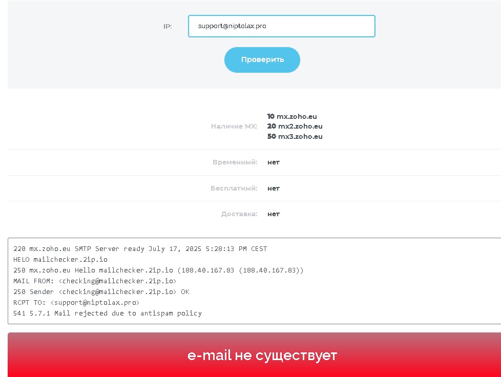 Niptolax проверка почты